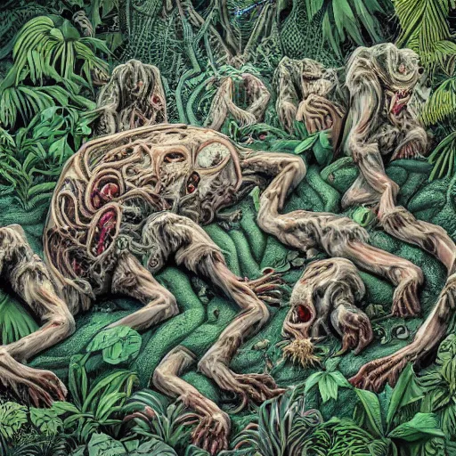 Prompt: an ultra-detailed high-quality photo of twisted humans and animals melting together, forming a livid amorphous mass of body horror composed of random limbs, patches of fur, eyes, teeth, and intestines falling out and slithering menacingly, deep lush jungle at night, haze