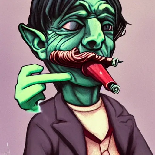 Image similar to goblin e - boy smoking a long weird pipe