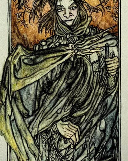 Image similar to tarot card detailed painting, illustration in style of Arthur Rackham