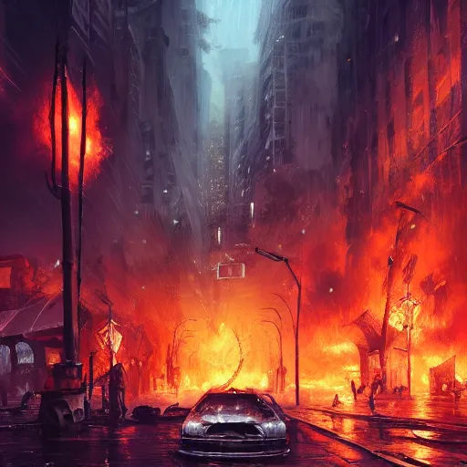 Prompt: apocalyptic city street, cars on fire highly detailed, illustration, fantasy art, in the style of greg rutkowski, epic, fantasy, intricate, hyper detailed, artstation, concept art, smooth, sharp focus, ray tracing