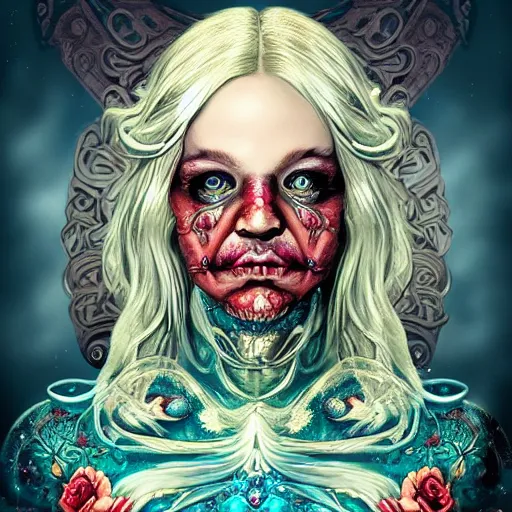 Image similar to blonde girl in a cosmic dress, full-body tattoos, ornate, rococo, grotesque, zbrush art, majestic, organics, silver filigree, colorful, dark fantasy, celtic knot, anatomical, h r giger style, moebius, frank frazetta, ornate, art nouveau, symmetrical, turquoise jewelry, red smoke, roses, unbiased render, rotten, Emil melmoth, eerie, macabre, haunting + insanely detailed and intricate, floral, faded pink, hypermaximalist, elegant, vintage, hyper realistic, super detailed, pastel colors,