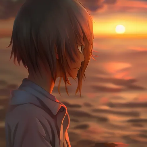 Image similar to anime boy watching sunset, hyperrealistic, hyperdetalied, high quality, 8 k, high rendering, photorealistic, cinematic, cgsociety, artstation,