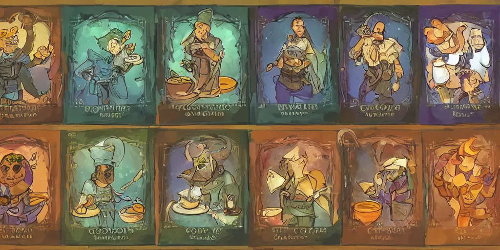 Image similar to card design concept art for a fantasy game about chefs and food and monsters, symmetrical, magic, by settlers of catan and cosmic encounters and fantasy fights