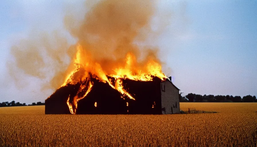 Image similar to 1 9 7 0 s movie still of a burning french house in a wheat field, cinestill 8 0 0 t 3 5 mm, high quality, heavy grain, high detail, texture, dramatic light, ultra wide lens, panoramic anamorphic, hyperrealistic