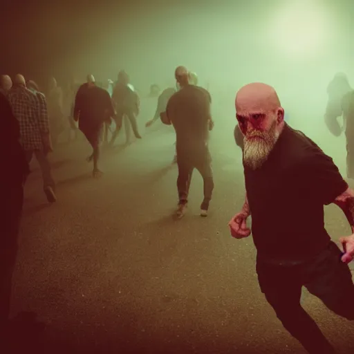 Prompt: a photo of a bald man with a pointy beard running a horde of scary zombies, cinematic lighting, documentary footage, 5 0 mm lens, shallow depth of field