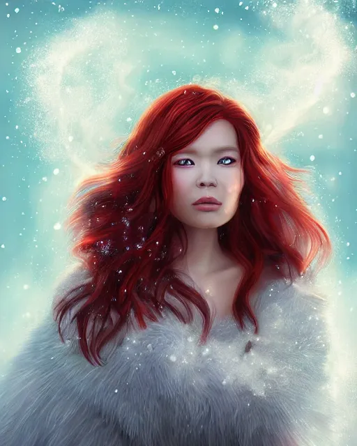 Image similar to beautiful eskimo woman auburn beauty portrait, long flowing red hair, blizzard of crystalline ice and snow, sparkling radiant light, fantasy portrait by artgerm, photorealism