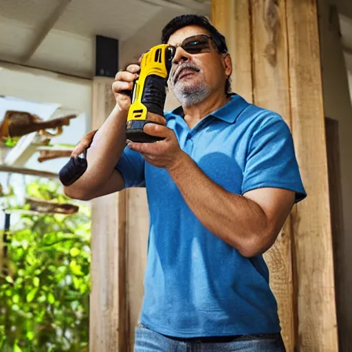 Image similar to latino man using cordless power tool made by dewalt