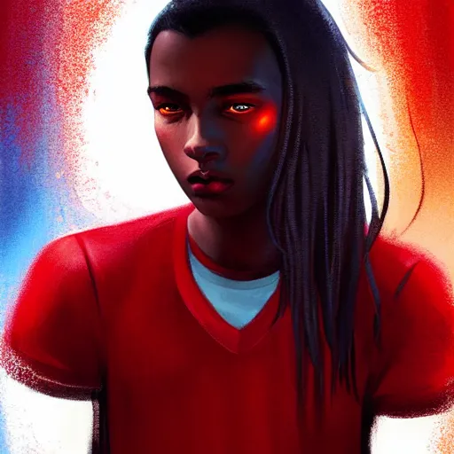 Image similar to colorful and festive captivating teenager with straight brown hair covering his eye, dark skin, big lips, big eyes, wearing a red t - shirt. rich vivid colors, ambient lighting, dynamic lighting, 4 k, atmospheric lighting, painted, intricate, highly detailed by charlie bowater