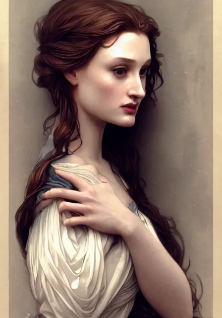 Image similar to sansa angeline jolie, intricate, elegant, highly detailed, digital painting, artstation, concept art, smooth, sharp focus, illustration, art by artgerm and greg rutkowski and alphonse mucha and william - adolphe bouguereau