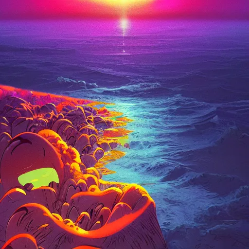 Prompt: neon sunset landscape ocean album cover, cartoon digital painting, detailed, beautiful brush stroke rendering, by beeple, by hayao miyazaki, by takashi murakami, by masahiro ito, 4 k wallpaper