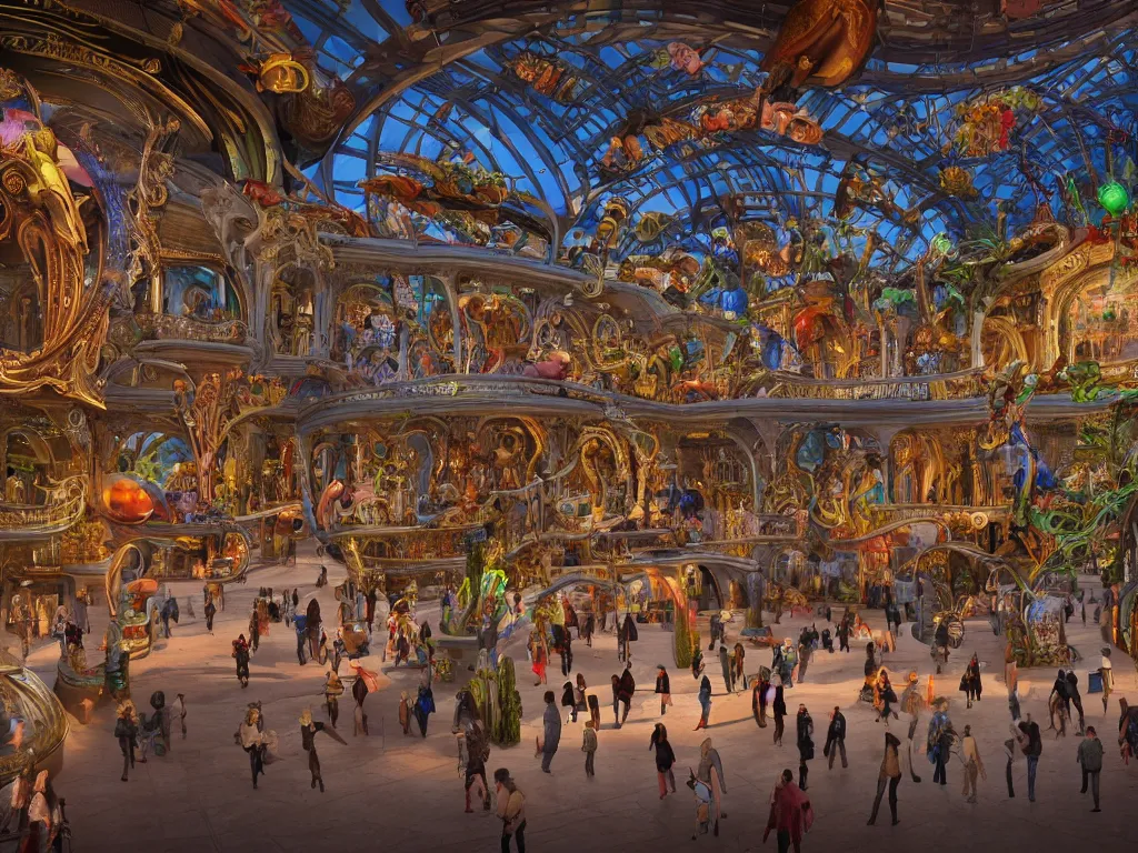 Image similar to interior of a busy elaborate ornate outdoor science museum, cinematic, shadows, 4 k, detailed, by zaha hadid and lisa frank and peter jackson and ridley scott and beeple and greg rutowski