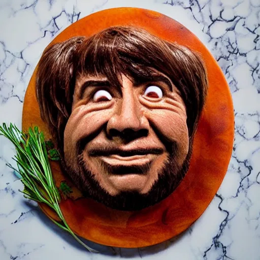 Image similar to chuck roast norris, food photo of chuck norris face carved into chuck roast