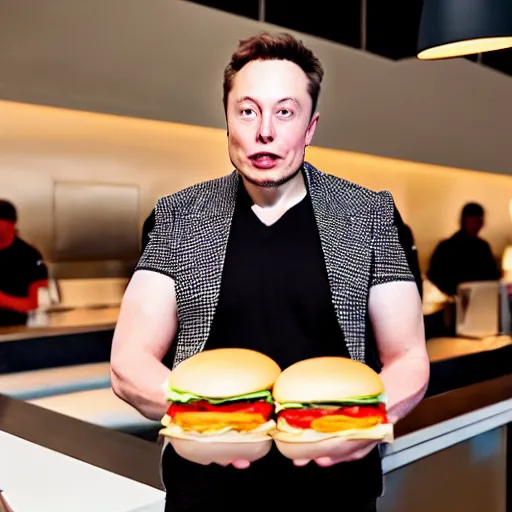 Image similar to elon musk serving you at mcdonalds, hyperrealistic, dramatic lighting, sony 3 5 mm lens