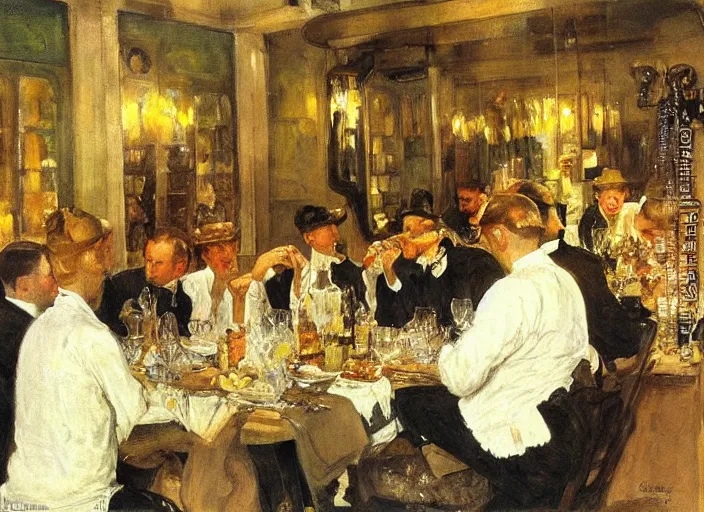 Image similar to men having dinner, singing, roaring twenties, cellar, masterpiece, torches on wall, meat, wine, schnapps, smoking cigars, scantily clad blondes, oil painting by anders zorn and carl larsson, art nouveau