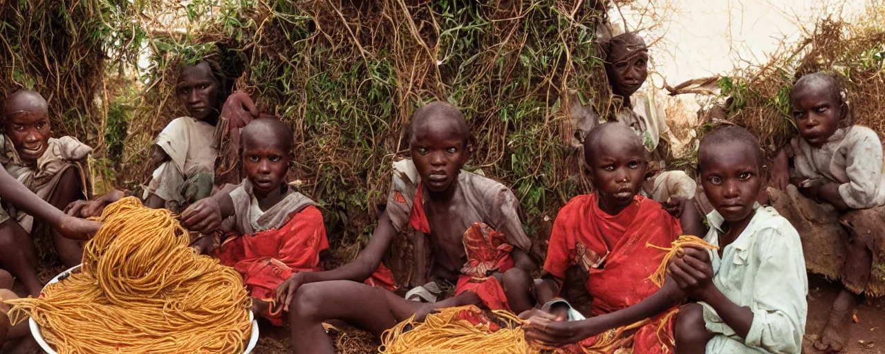 Image similar to people in an african village discovering spaghetti in a bush, high detailed face, facial expression, small details, intricate, canon 5 0 mm, high detail, intricate, cinematic lighting, photography, wes anderson, film, kodachrome