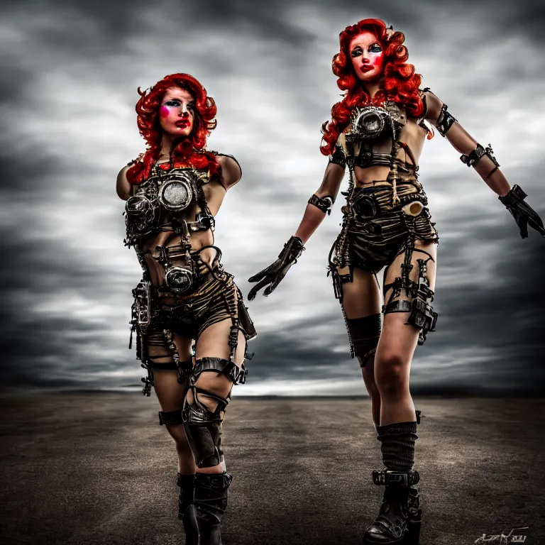 Image similar to full length photo of a very beautiful female atompunk warrior, 8 k, hdr, smooth, sharp focus, high resolution, award - winning photo