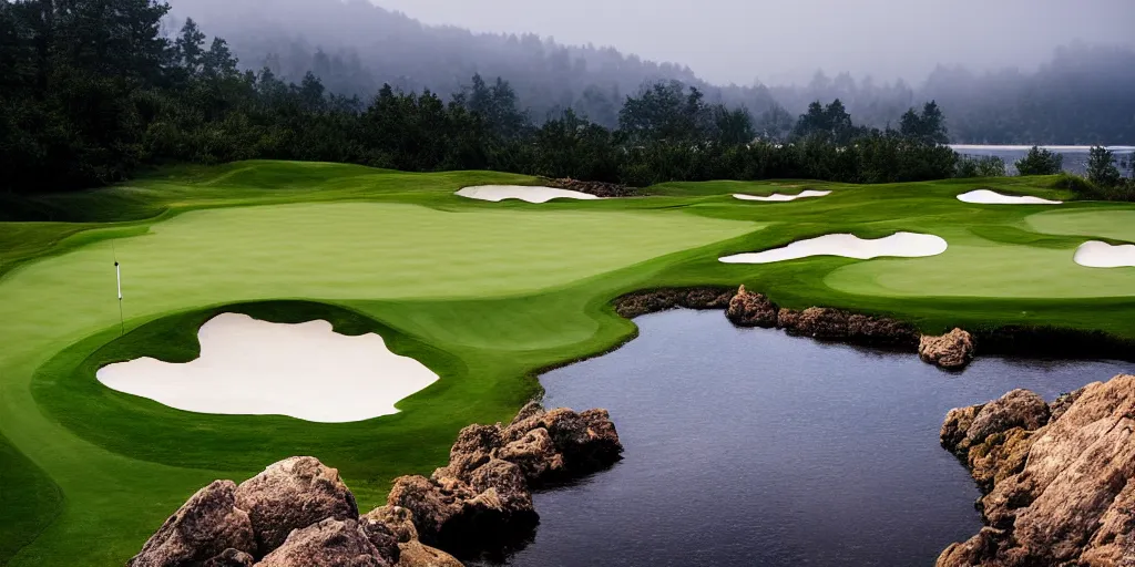 Image similar to a great photograph of the most amazing golf hole in the world completely surrounded by water, calm water, perfect light, ambient light, miniature, tilt shift, 5 0 mm, golf digest, top 1 0 0, fog