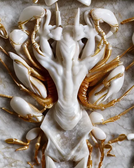 Prompt: white calacatta gold marble, white and gold kintsugi, white marble bas relief carving, feminine, crabs, spiders, scorpions, tarantulas, carving by hr geiger, stunning, highly detailed, intricately detailed, octane, 8 k, trending on artstation