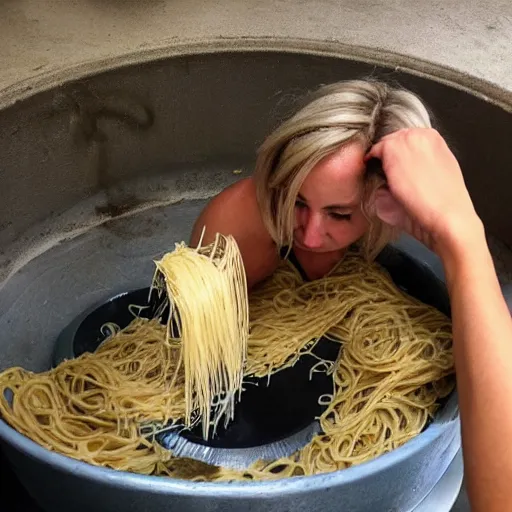Prompt: The Impostor from Among Us eating Pasta in the sewers.