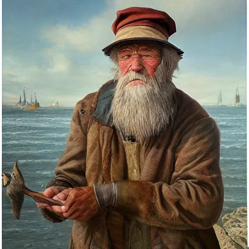 Image similar to realistic renderings of very old fisher man portrait with a hat, port scene background, astonishing scenes, detailed, photorealism