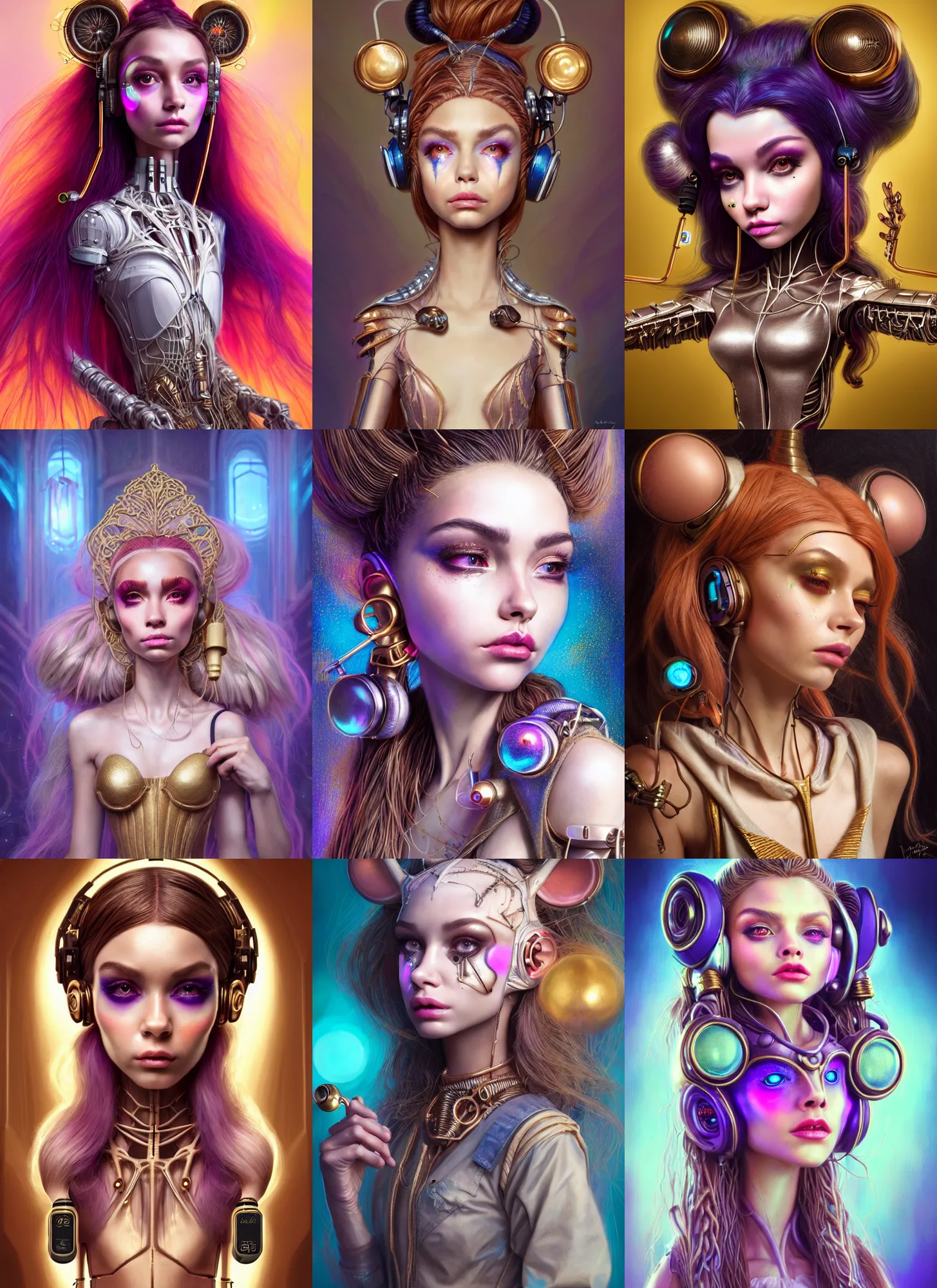 Prompt: disney weta portrait, soft lustrous ivory biotech raver clowncore madison beer fancy cyborg, earbuds, golden ratio, details, sci - fi, fantasy, cyberpunk, intricate, decadent, highly detailed, digital painting, ever after high, octane render, artstation, concept art, smooth, sharp focus, illustration, art by artgerm, loish, wlop