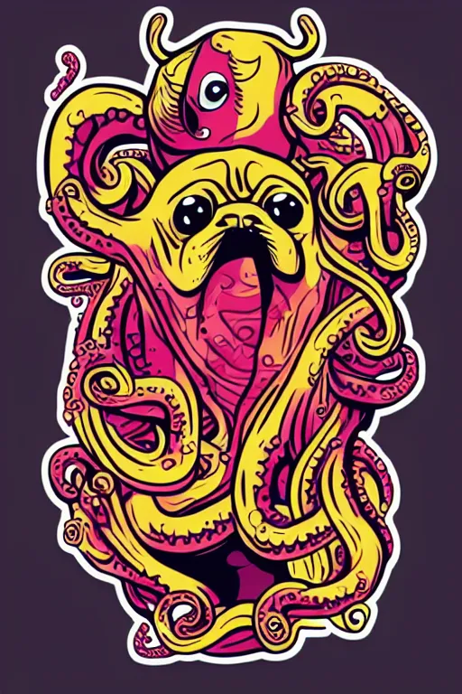 Image similar to Pug with tentacles, the devil, sticker, blood thirsty, spawn of Satan, burning in hell, blood, evil, colorful, illustration, highly detailed, simple, smooth and clean vector curves, no jagged lines, vector art, smooth