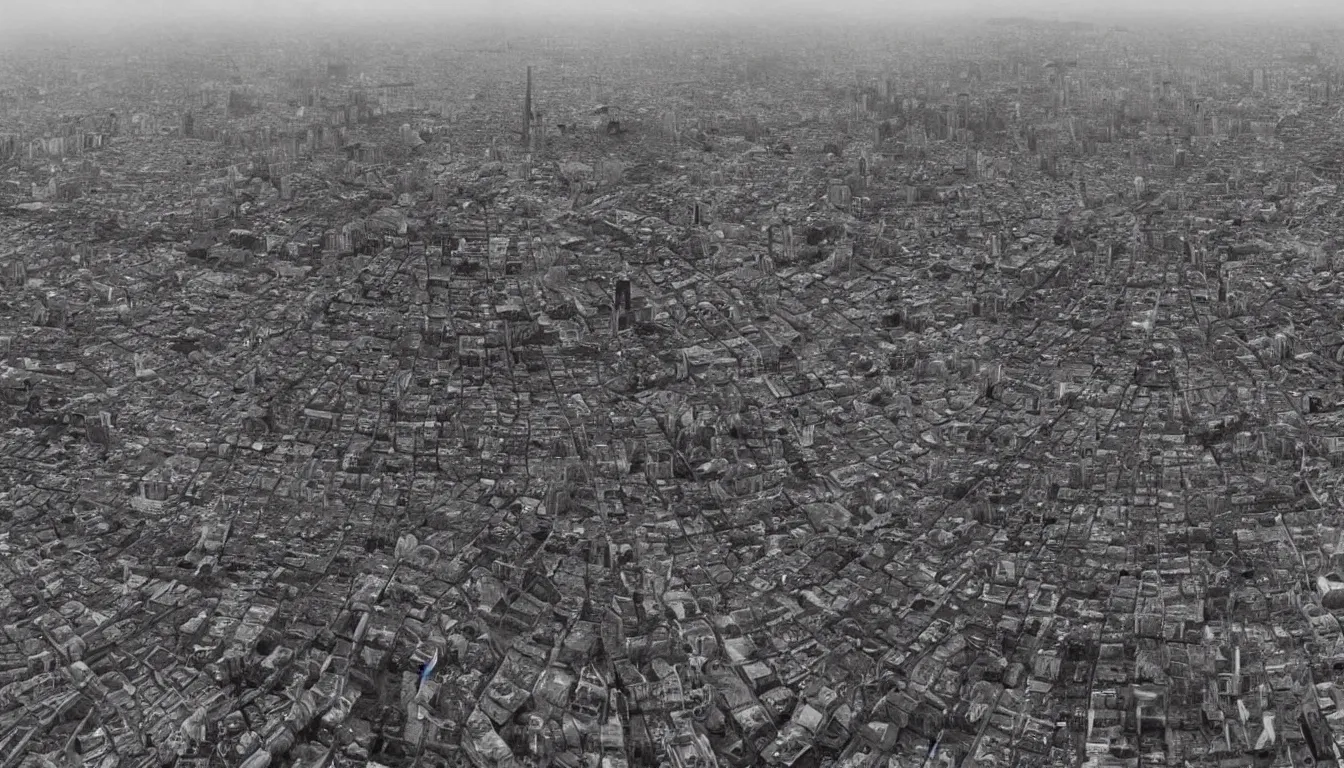 Image similar to Giant Gigachad destroying a city, drone footage black and white