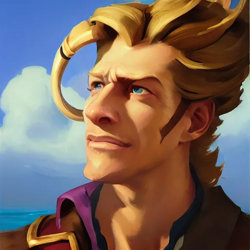 Prompt: greg manchess portrait painting of partially armored pirate captain guybrush threepwood as overwatch character, medium shot, asymmetrical, profile picture, organic painting, sunny day, matte painting, bold shapes, hard edges, street art, trending on artstation, by huang guangjian, gil elvgren, ruan jia, greg rutkowski, gaston bussiere