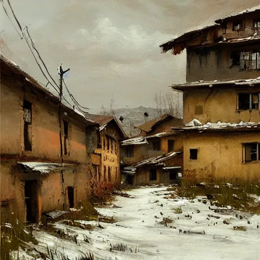 Prompt: painting by jakub rozalski of abandoned eastern european village