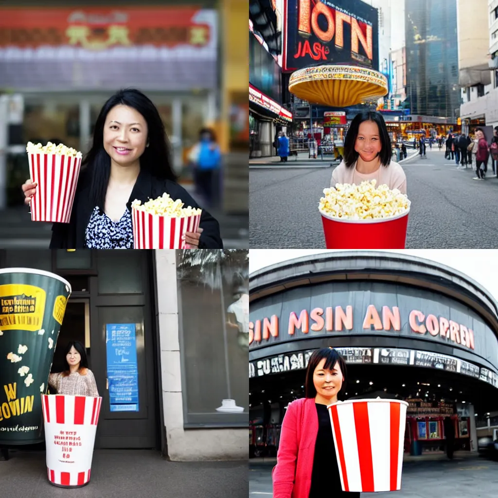 Prompt: an Asian woman stands in front of a cinema with a bucket filled with popcorn which is way bigger than her