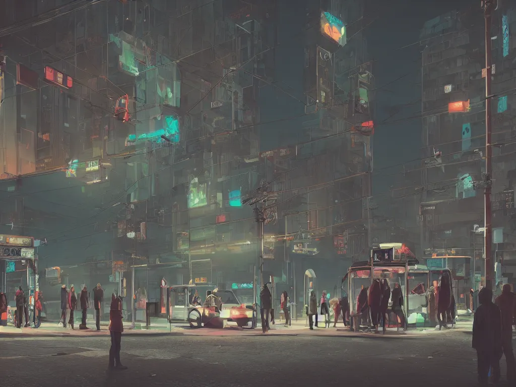 Prompt: few people waiting in a bus stop in dark city night, Low level, rendered by Beeple, Makoto Shinkai, syd meade, simon stålenhag, environment concept, synthwave style, digital art, unreal engine, WLOP, trending on artstation, 4K UHD image, octane render