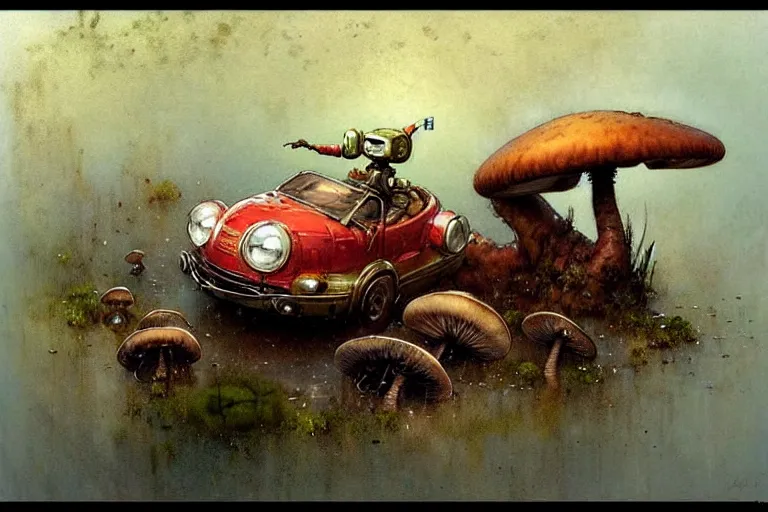 Image similar to adventurer ( ( ( ( ( 1 9 5 0 s retro future robot mouse amphibious vehical home. muted colors. swamp mushrooms ) ) ) ) ) by jean baptiste monge!!!!!!!!!!!!!!!!!!!!!!!!! chrome red