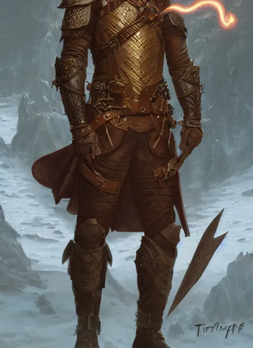 Prompt: a male half elf in fireproof leather armor wearing a utility belt and goggles, D&D, fantasy, intricate, cinematic lighting, highly detailed, digital painting, artstation, concept art, smooth, sharp focus, illustration, art by Terry Moore and Greg Rutkowski and Alphonse Mucha