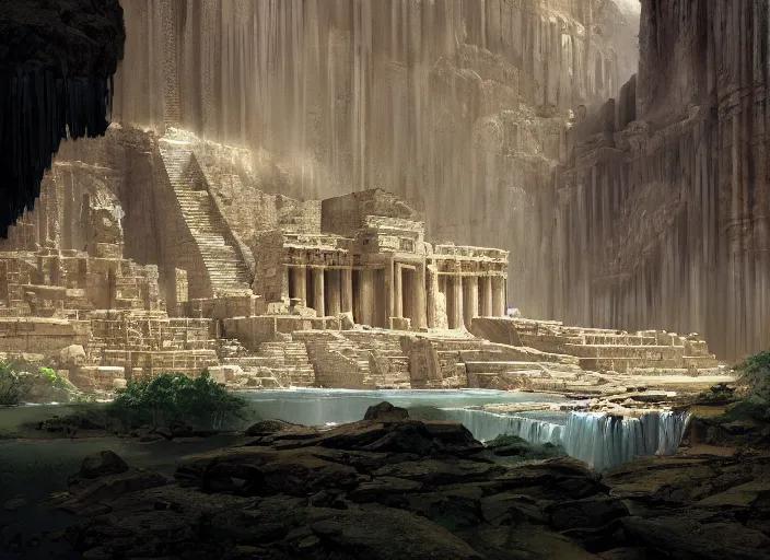 Prompt: Very tall waterfall + colossal Egyptian temples carved into the side of subterranean rocky cliffs + height perspective insanely detailed, intricate, epic lighting, cinematic composition, hyper realistic, Craig Mullins