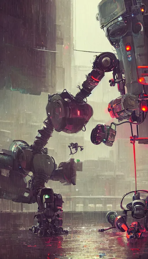 Image similar to a dieselpunk robot duels a cyberpunk robot, raining, sharp focus, james gilleard, cinematic, game art, extremely detailed digital painting