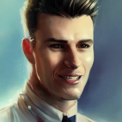 Prompt: Portrait of a man by Greg Rutkowski, he is about 30 years old, mixture between russian and turkish, quiff copper hair, attractive, uncanny smile, he is wearing a futuristic blue police outfit, highly detailed portrait, scifi, digital painting, artstation, concept art, smooth, sharp foccus ilustration, Artstation HQ