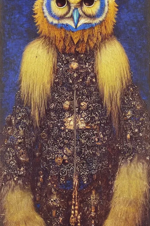 Image similar to portrait of humanoid iridescent blue owlbear wearing a loose tunic. an anthropomorphic owlbear. fantasy, oil painting by jan van eyck, northern renaissance art, oil on canvas, wet - on - wet technique, realistic, expressive emotions, intricate textures, illusionistic detail