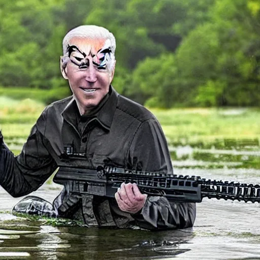 Prompt: Joe Biden rising out of swamp water with an AR15