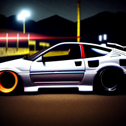 Image similar to a car 300ZX turbo drift at illegal car meet, Chiba prefecture, city midnight mist lights, cinematic lighting, photorealistic, highly detailed wheels, high detail