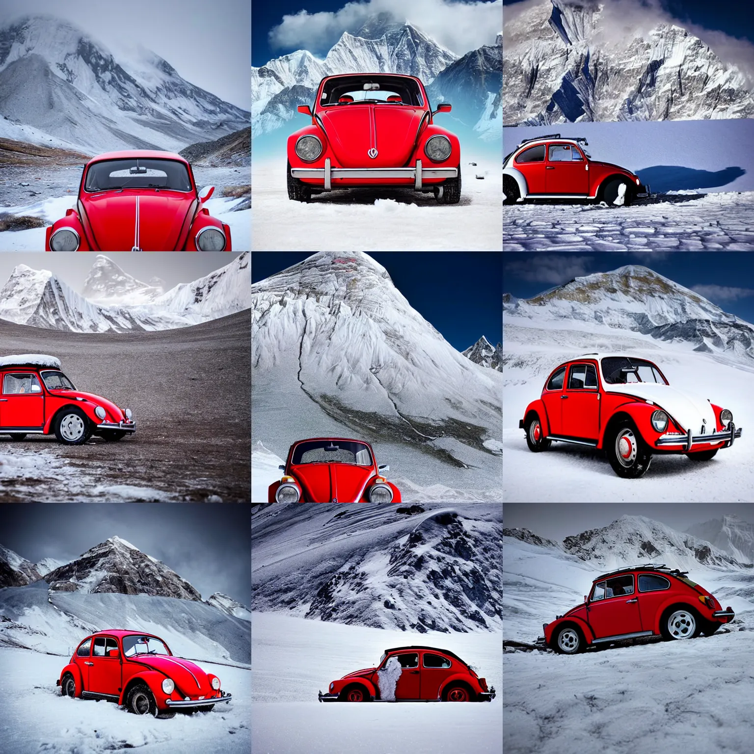 Image similar to extreme long shot of a snowy red 1970 vw beetle standing on mount everest, award winning photo, snow, high detail, desolate, atmospheric, 8k