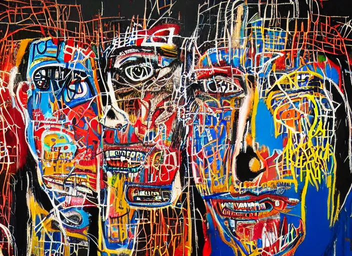 Image similar to jean-michel basquiat, david choe and alex gray painting, intricately highly detailed art piece