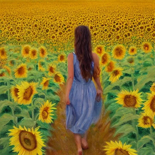 Image similar to a girl slowly walking through amazing tall sunflower field, her hair flowing down, subtle, intricate details, real masterpiece, oil on canvas, by somsak anong