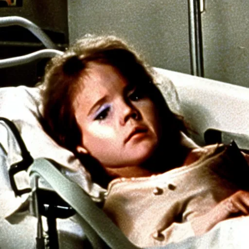 Image similar to young linda blair in the exorcist restrained in a hospital bed