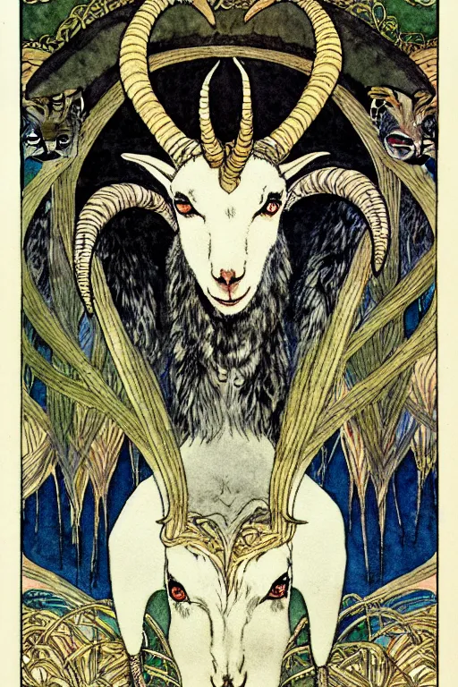 Prompt: goat man with horns and black fur in the center of a frame made of christmas ornaments, art by kay nielsen and walter crane, illustration style, watercolor