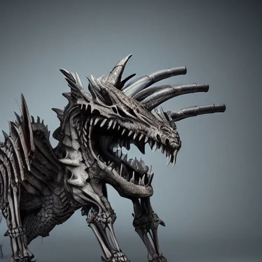 Prompt: Skeleton dragon with winga, Octane renderer, 8k, Eerie,Haunting, Realistic