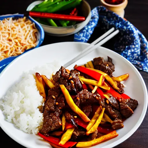 Image similar to dslr food photograph of stir fried beef in dark soy sauce, mixed with tomato wedges and french fries, served with white rice on the side, 8 5 mm f 1. 8