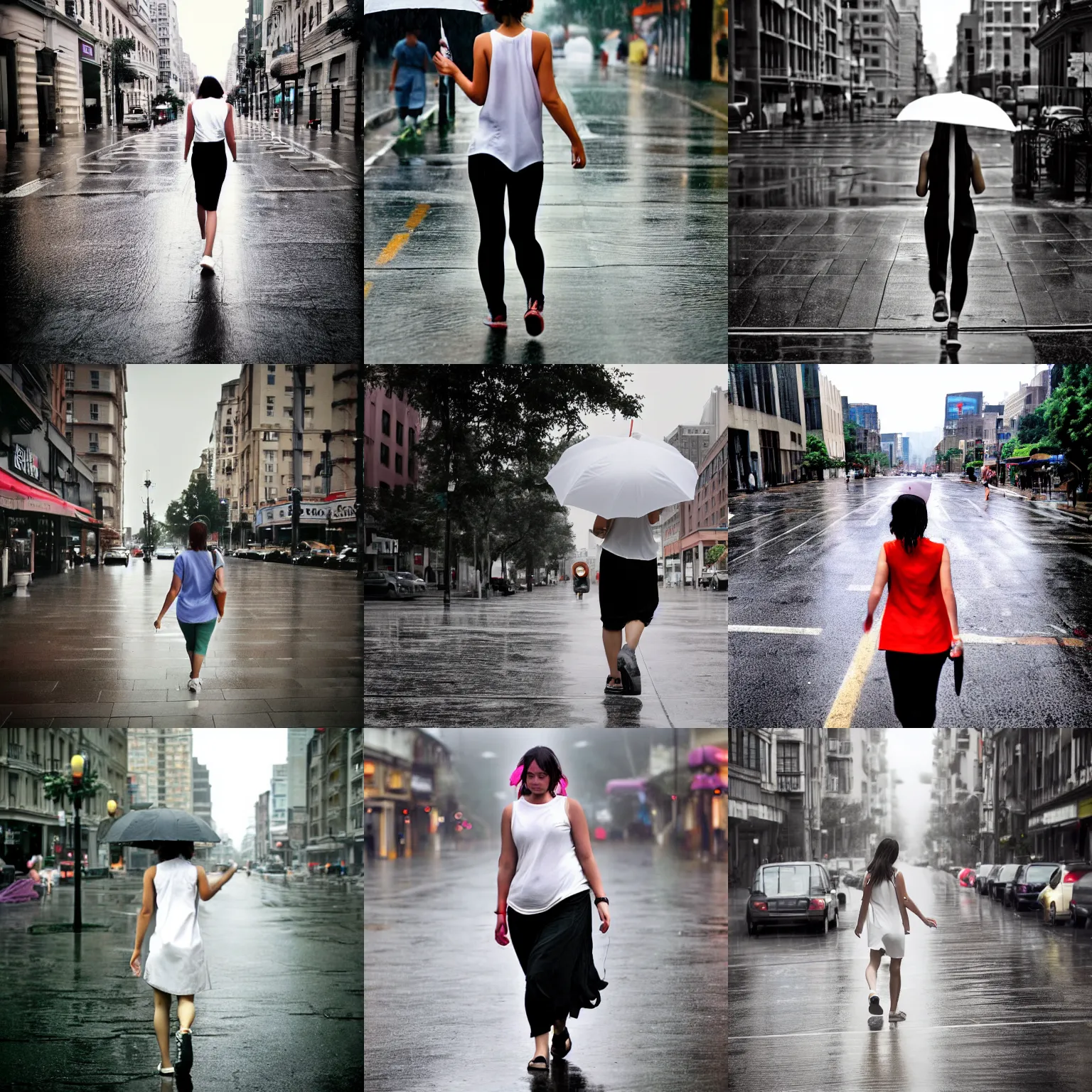 Prompt: A vibrant photograph of a young woman in sleeveless white is walking on the street, wide shot, outdoors, overcast photo at rainy day, wide-angle lens, soft focus, shot on iPhone 6, on Flickr in 2007.
