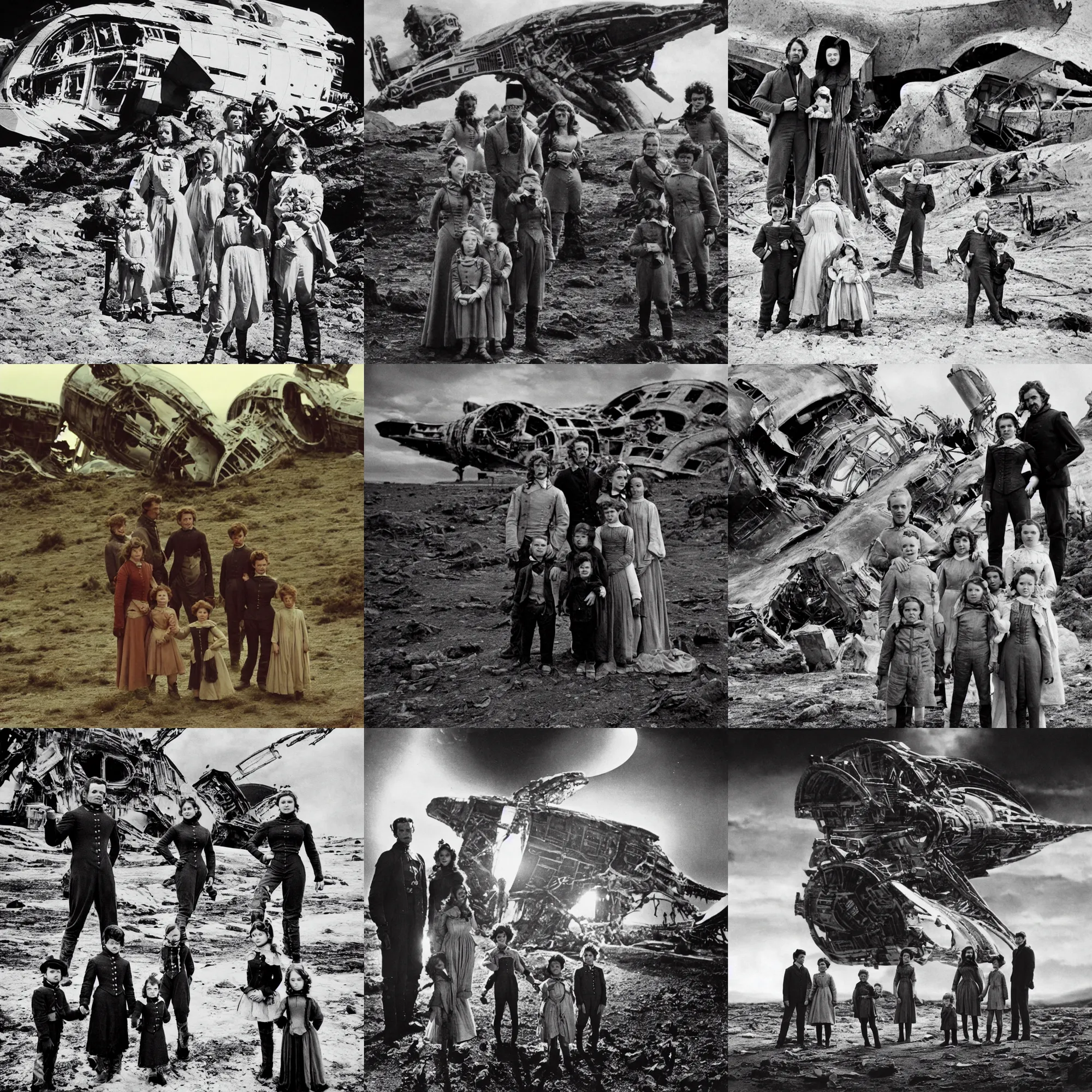 Prompt: extremely sharply detailed, 7 0 mm film, from blockbuster 9 6 k sci fi color movie freeze frame, set 1 8 6 0, family standing in front of crashed spaceship, on alien planet, looking happy, wearing 1 8 5 0 s era clothes, atmospheric lighting, in focus, reflective eyes, 9 9 mm lens, live action, nice composition and photography, clear faces