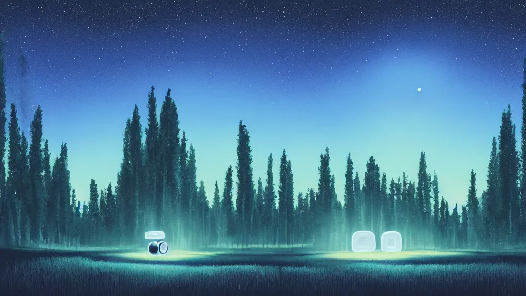 Image similar to A retro glossy white robot stands in the middle of a forest in the centre of the frame. softly glowing blue trees at night. The sky above has many stars and a beautiful blue aurora. Comet in the middle of the sky. Cyril Roland naomi okubo. Trending on artstation. Digital painting.