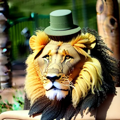 Image similar to lion at the zoo wearing a hat